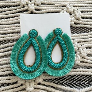Large teal boho beaded and tassel earrings